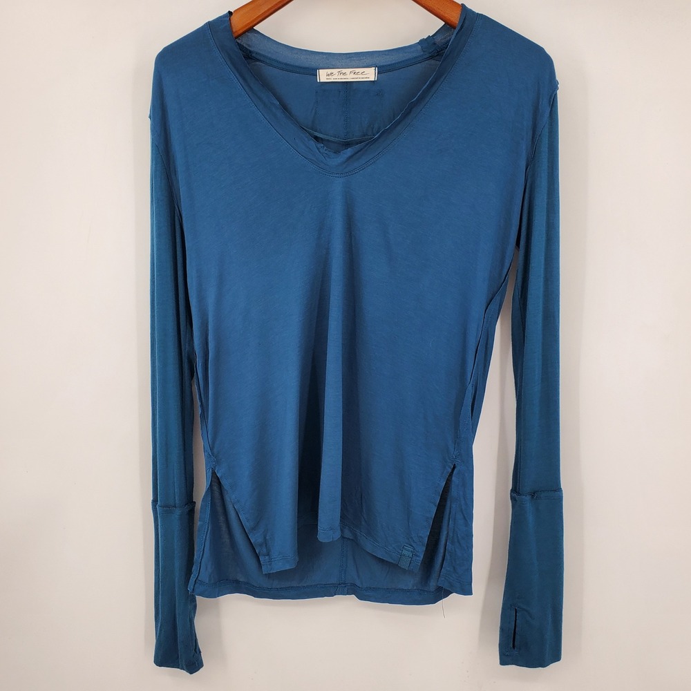 We The Free Teal Blue V-Neck Long Sleeve Thumbhole Shirt Small Boho Indie Casual